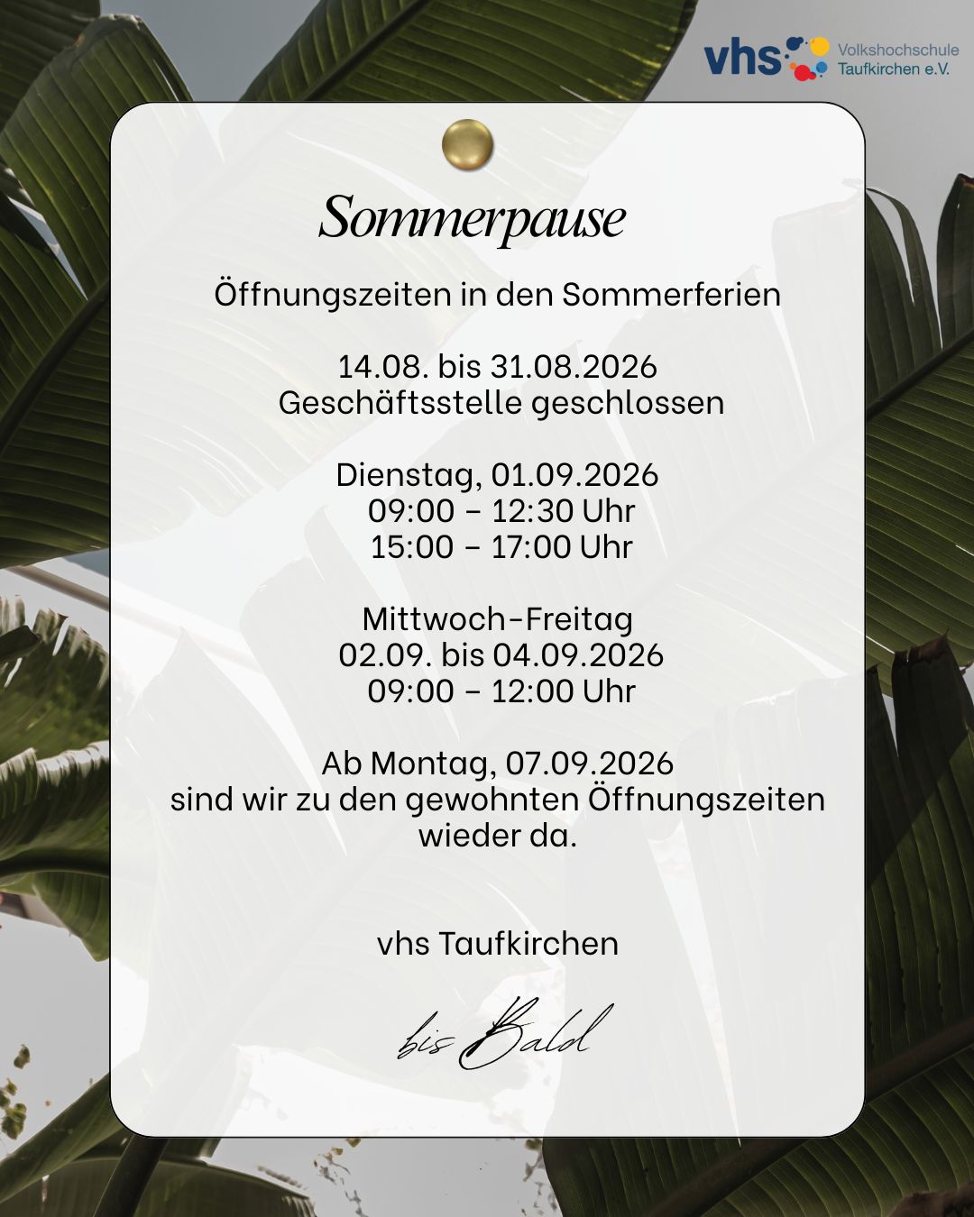 Öffnet die Seite 'Öffnungszeiten in den Sommerferien'